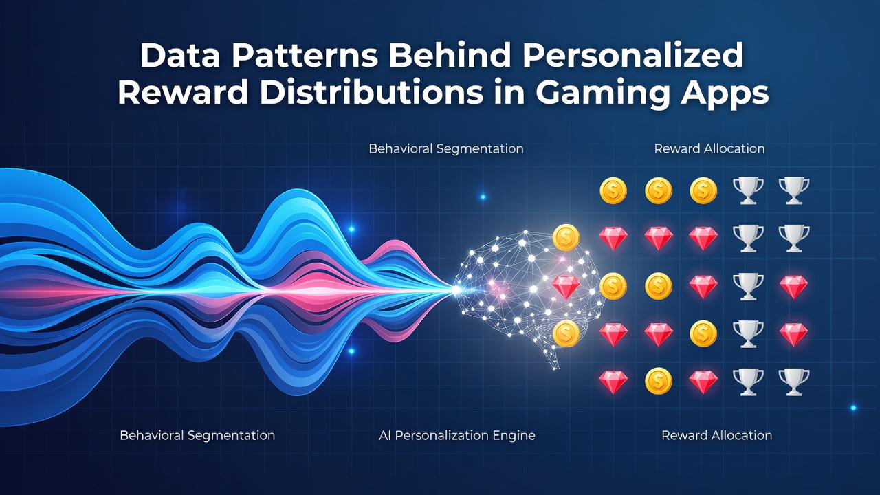 Visualization of data analytics dashboards tracking user engagement metrics and reward personalization algorithms in gaming apps