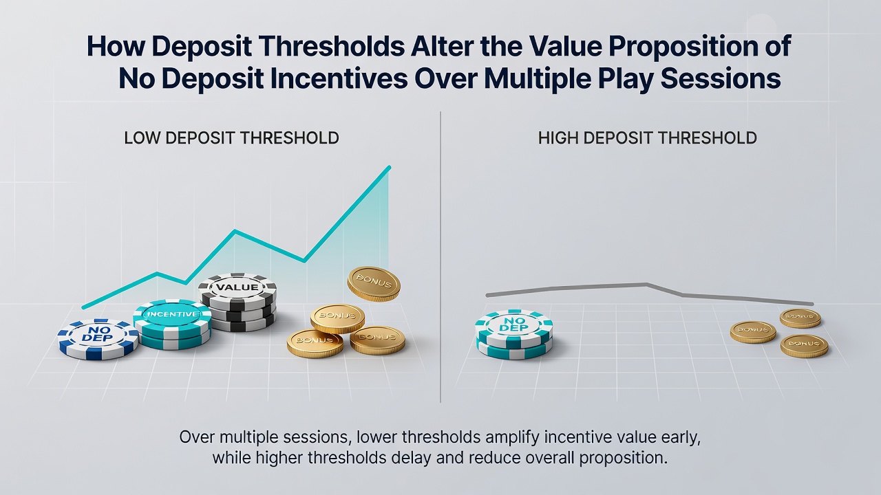 Illustration showing casino bonus mechanics with deposit thresholds affecting no-deposit incentives across play sessions