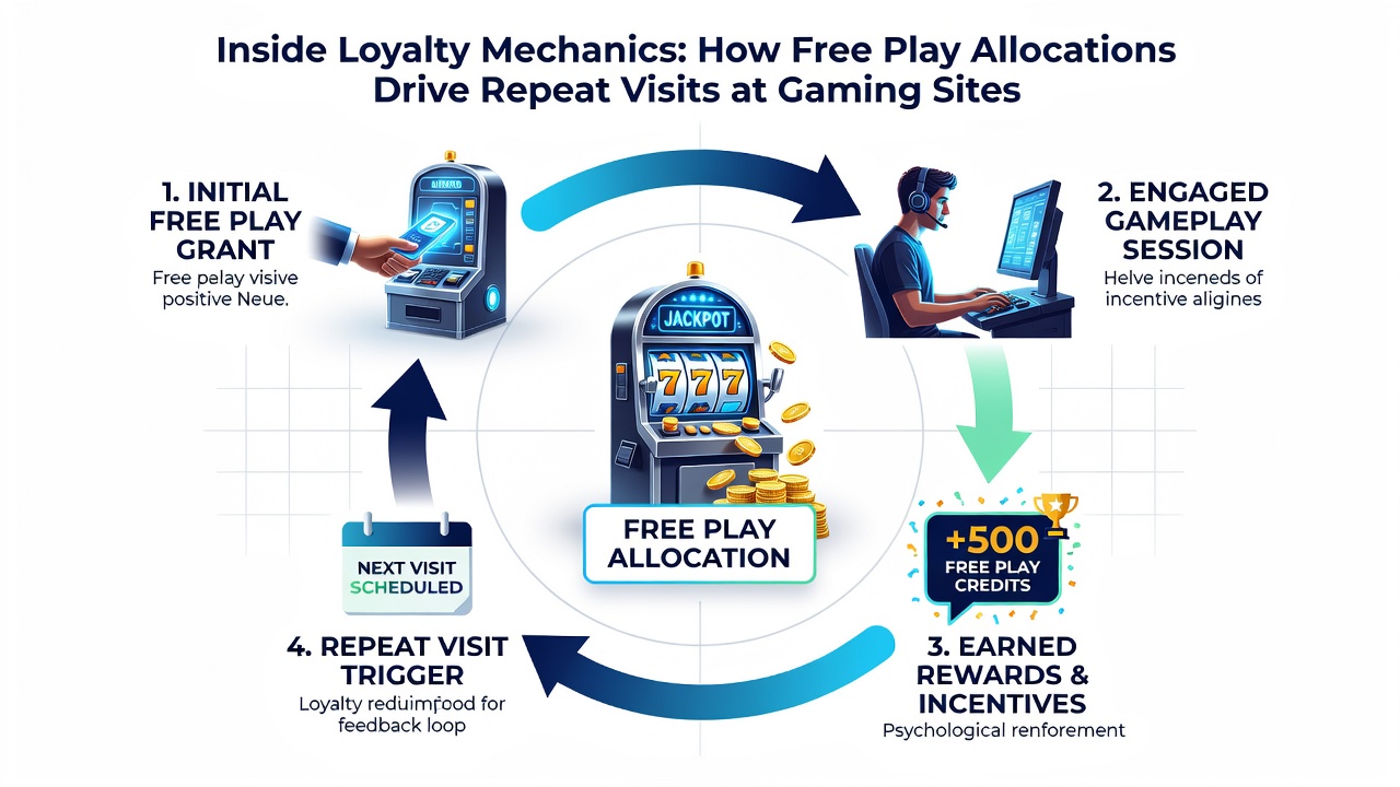 Data visualization of repeat visit rates correlated with free play allocation frequency at gaming sites