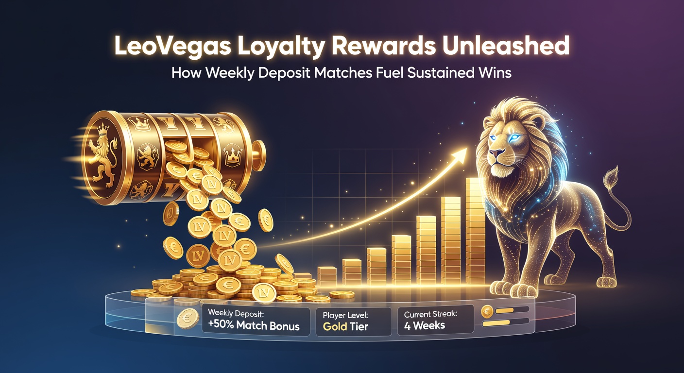 LeoVegas loyalty dashboard showing weekly deposit match offers and reward levels glowing on screen