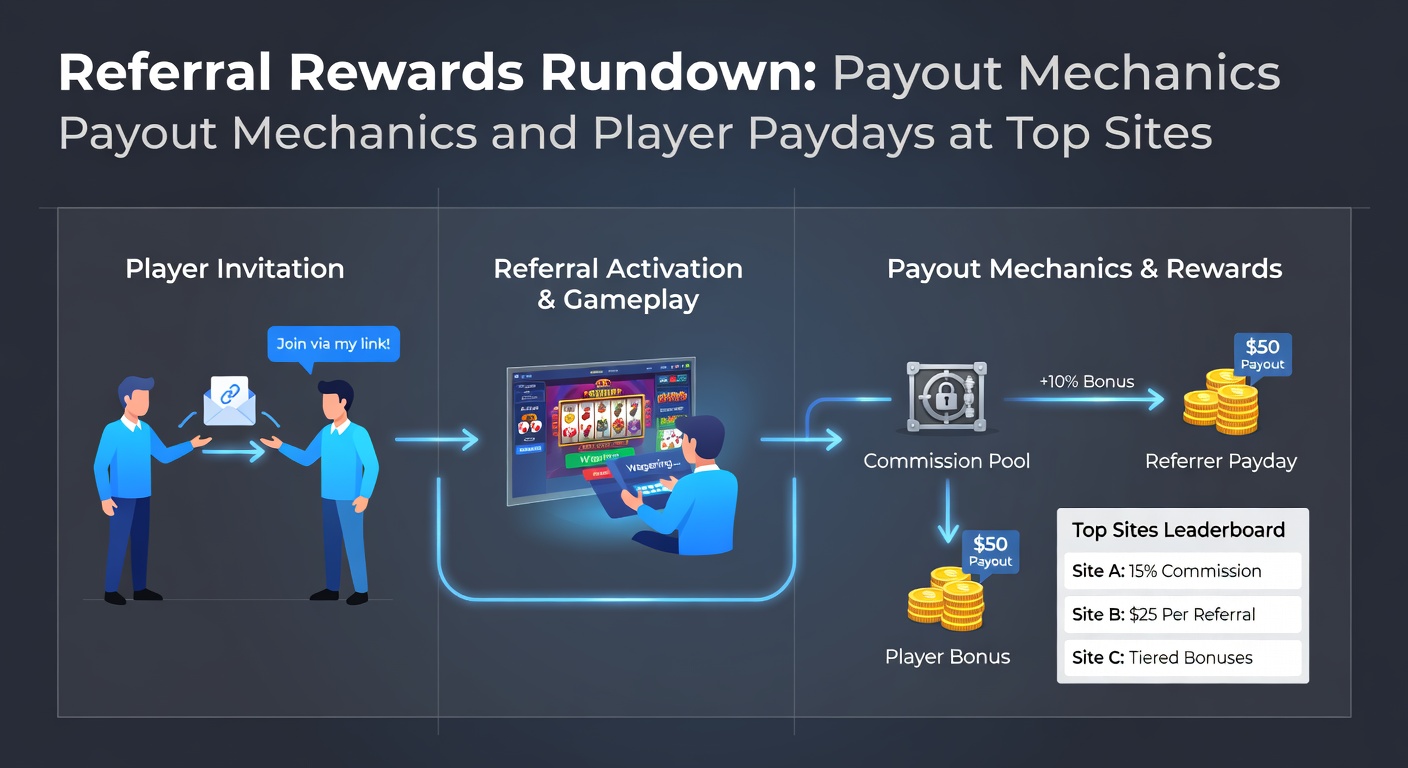 Graphic illustrating a chain of players referring friends to an online casino, with reward icons like cash and bonuses flowing between them