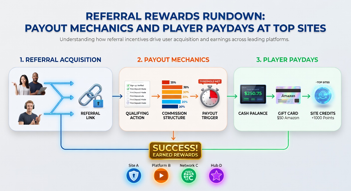 Infographic detailing payout timelines, from referral signup to cash withdrawal, with timelines and reward examples at popular casino platforms