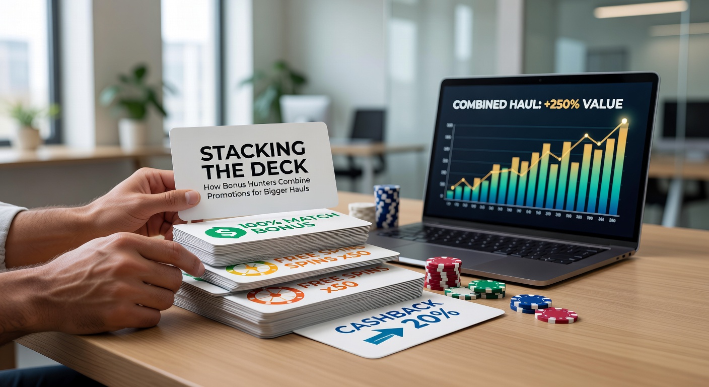 Bonus hunters analyzing multiple casino promotions on screens, stacking virtual chips for maximum gains