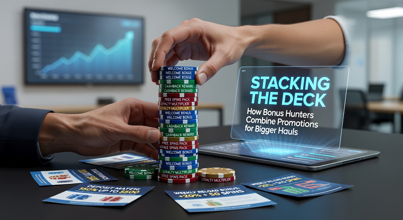Visual representation of stacked casino bonus icons forming a towering pile, with strategy charts in the background
