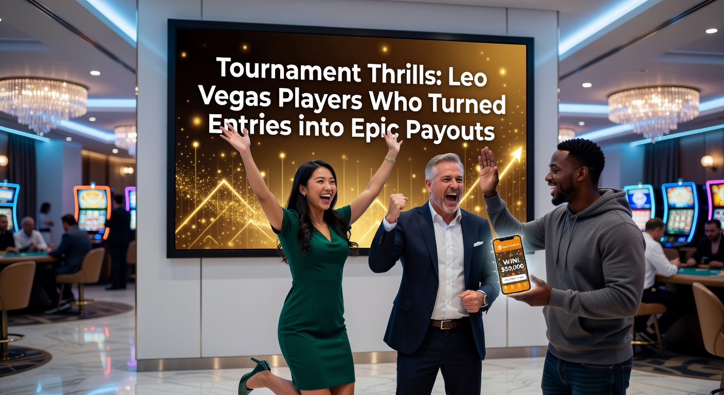 Leo Vegas players celebrating massive tournament wins with leaderboards and prize pools glowing on screens